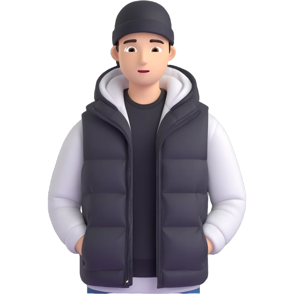 A guy in a hat, black hoodie, and a puffer vest emoji