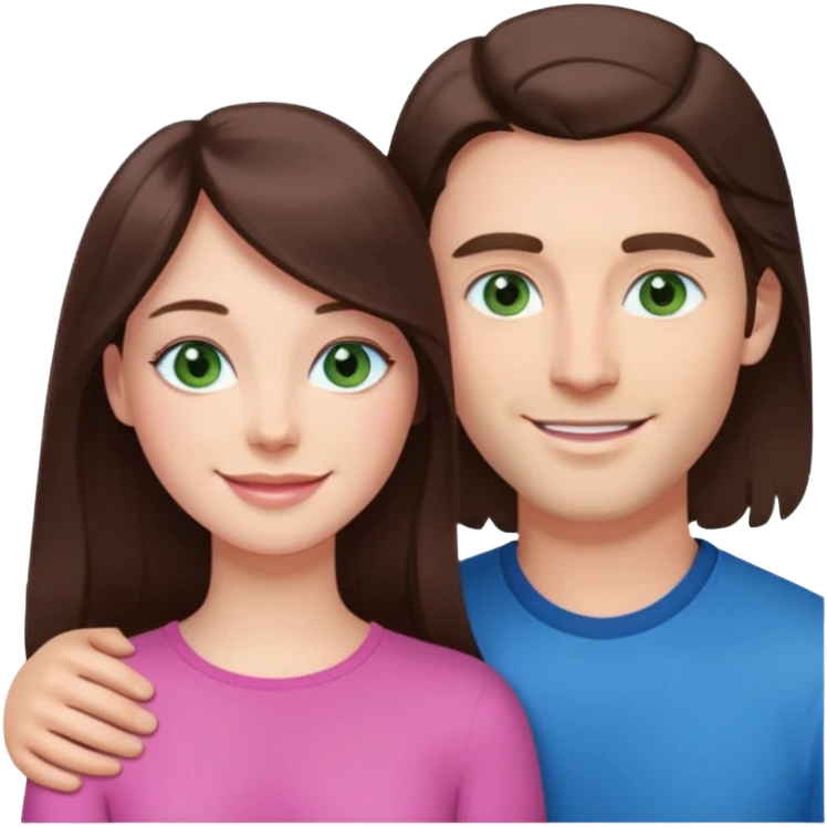 pink polaroid photo of a couple thats white with long brunette hair blue eyes and a white guy with short brunette hair and green eyes emoji