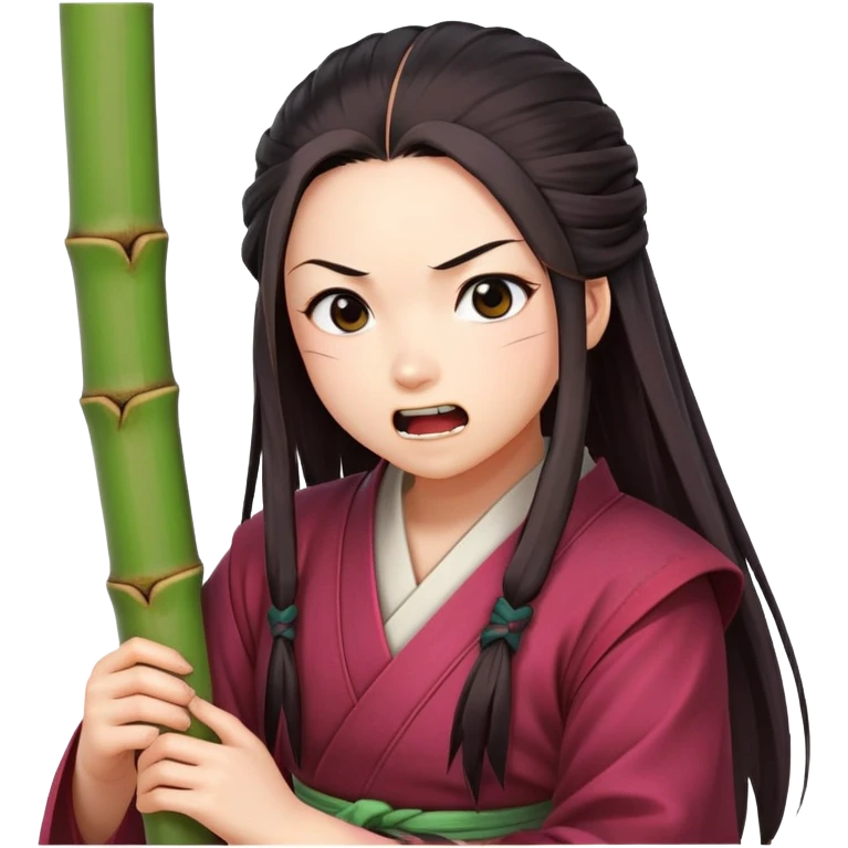 Nezuko with determined expression actively biting on bamboo piece in her mouth, teeth gripping the bamboo emoji