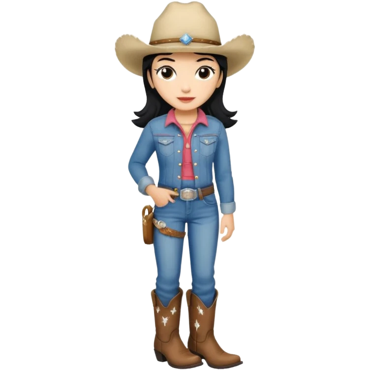 Black hair girl, denim, white cowgirl hat, cowgirl boots. emoji