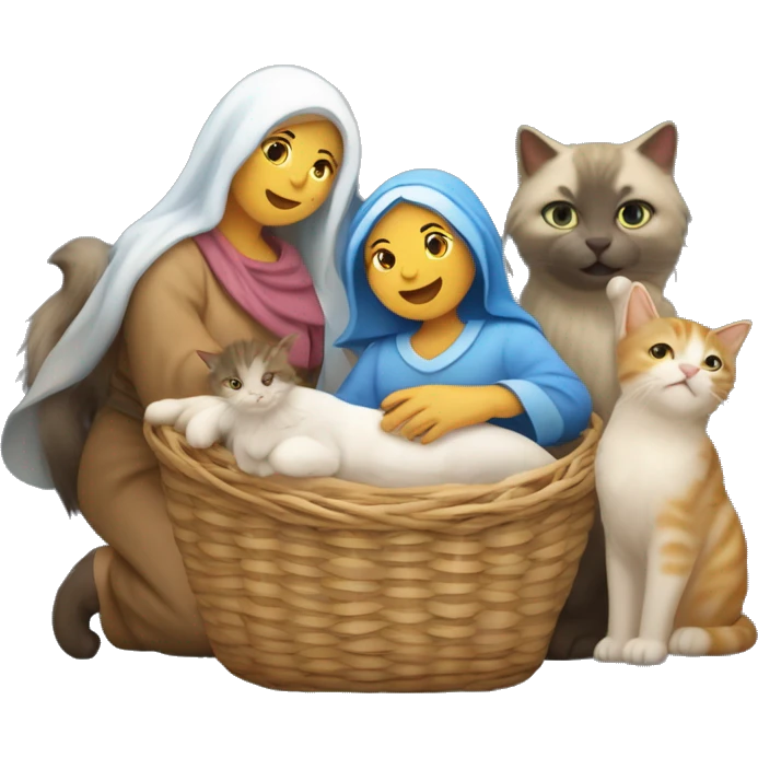 Christmas nativity scene with a star of Bethlehem and 1 mother cat and 5 kittens in a basket with no humans emoji