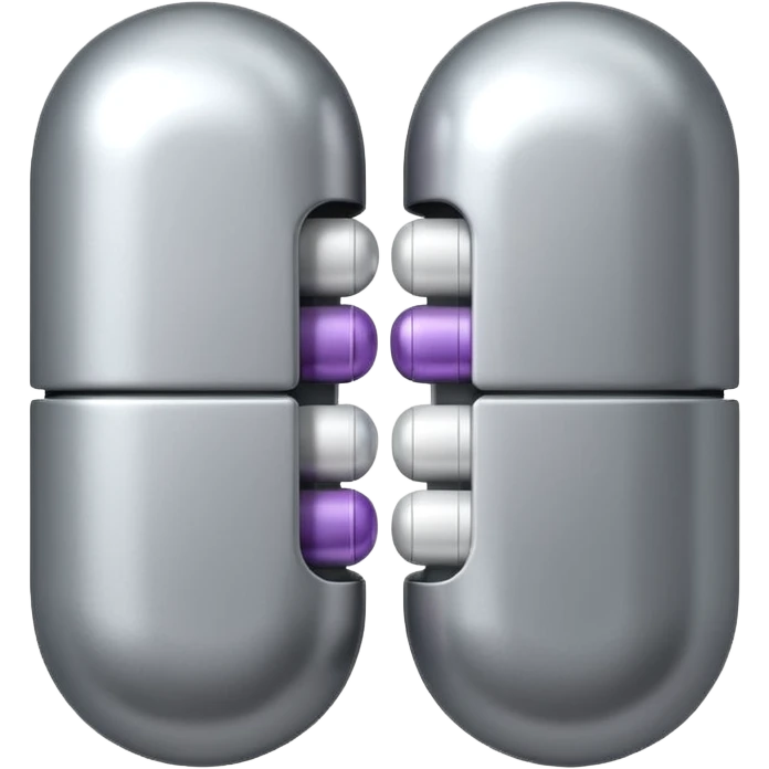 capsule pill emoji, metallic silver halves, smooth glossy finish, futuristic pharmaceutical 3D icon, isolated on white emoji