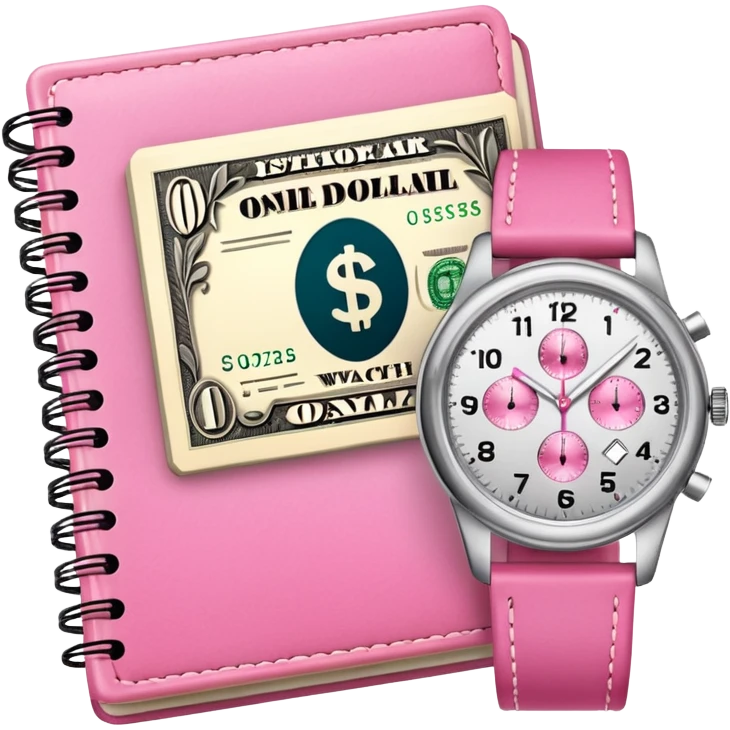 Libreta, reloj y un dolar rosa emoji