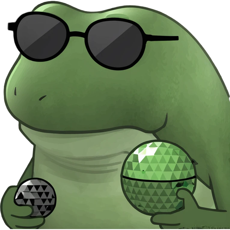 bufo with triangle shaped 8 bit sunglasses full black, confident smile, with a mini black powerful orb in his hand emoji