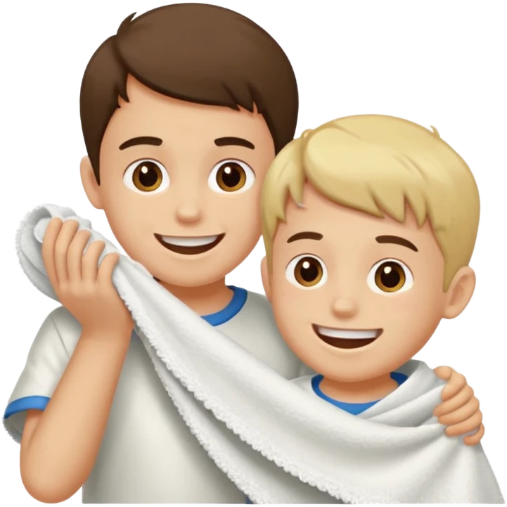 un niño pequeño y un hombre jugando al juego de tirar la soga, en vez de soga una toalla blanca emoji