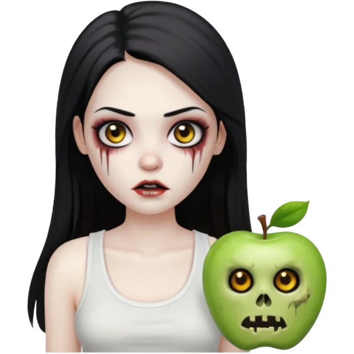 девушка зомби с темными длинными прямыми волосами, с черными макияжем глаз, тонкими бровями в стиле Apple avatar, оделся в белую майку emoji