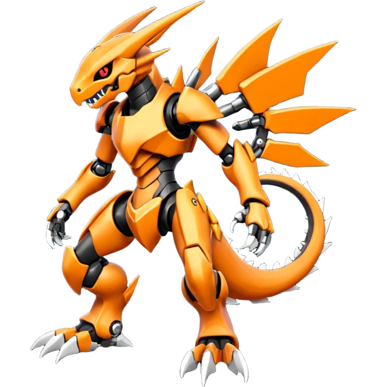 Cool Futuristic Black Orange Cyber-Digimon-Fakemon-Duskull-Salandit-Guilmon-Wargreymon-Mecha-fusion (full body) emoji