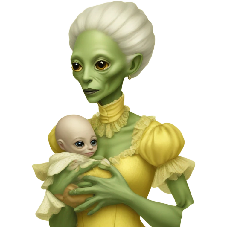  Reptilian alien woman, full body, in victorian jellow elegant dress, holds a newborn white humman baby emoji