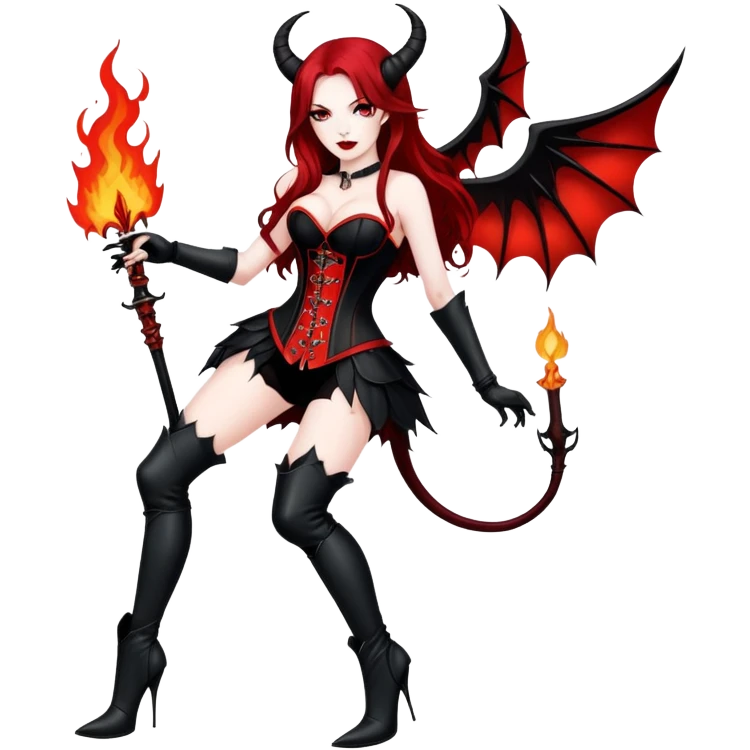 Female devil. Long red black hair. Black red corest with black thigh split, stiletto boots, black wings, black horns, fire in hands emoji