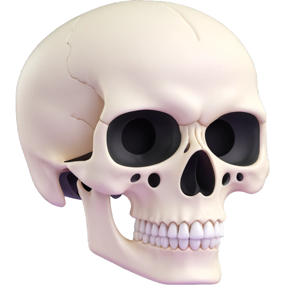 white skull, clean and smooth, detailed features like eye sockets, nasal cavity, and teeth emoji