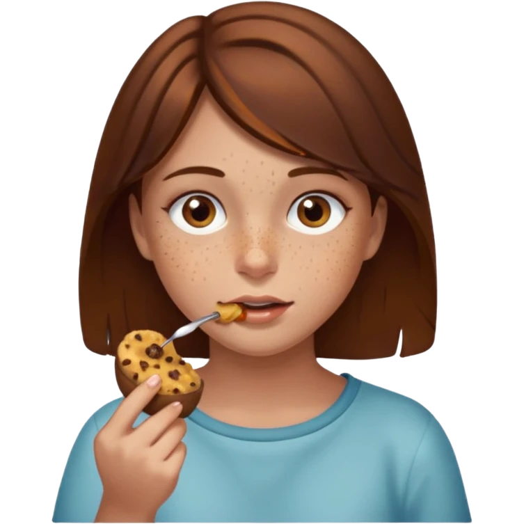 Brown hair girl with brown eyes and freckles eating poo emoji