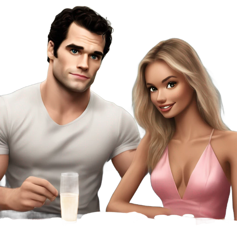 realistic photo of Henry Cavill with a beautiful  victoria secret model on a romantic sushi date emoji