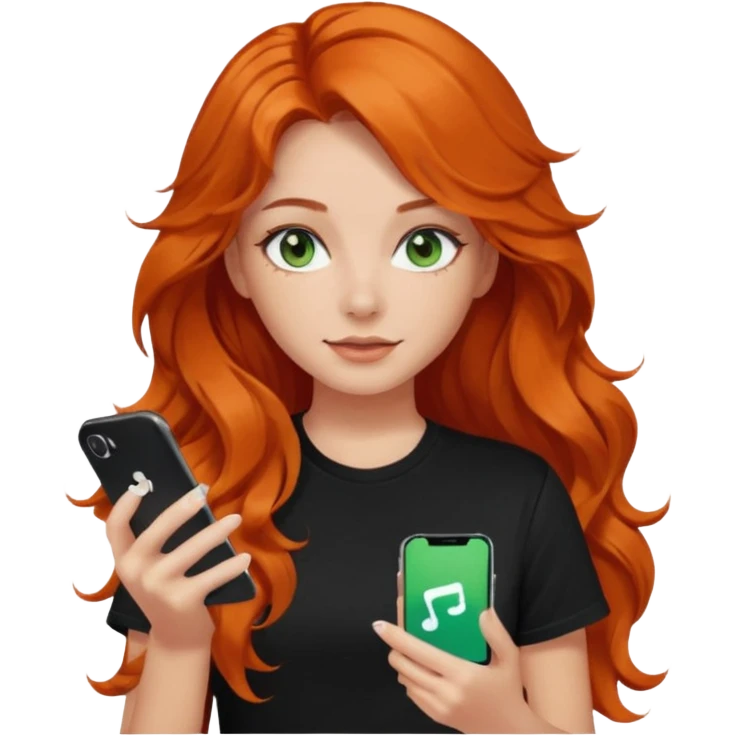 Girl with dark long orange wavy hair, green eyes, and black t-shirt and phone with tiktok app on hands emoji