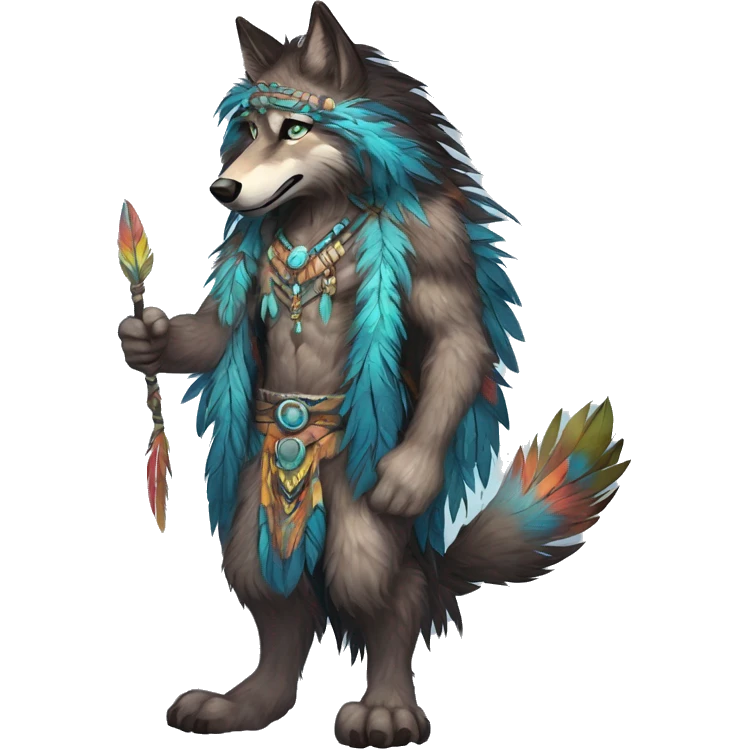 Anthro Fluffy Colorful Shy Spiritual Shamanic WereWolf-sona With Shiny Tribal Markings wearing feathers Full Body Detailed High Quality emoji