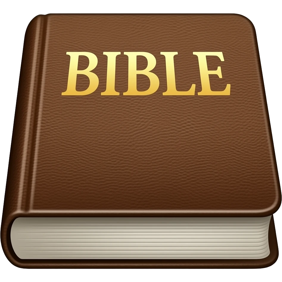The Bible app..make the text say The BIBLE App, front perspective...darker brown and more realistic brown leather cover. make it more symmetrical...make it fit a square...give it perspective so the bottom part shows a thick book emoji