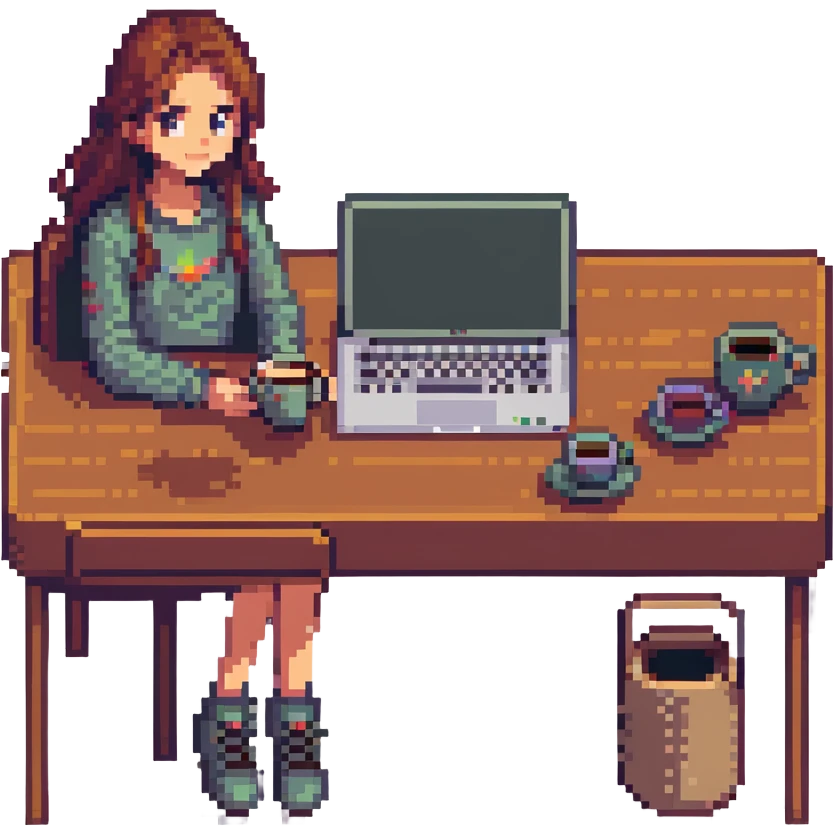 girl at desk with MacBook, coffee cup nearby, cozy atmosphere, pixel art style emoji