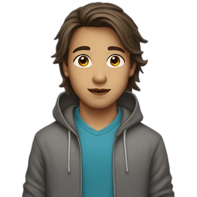 boy with long brown hair in hoodie with earrings emoji