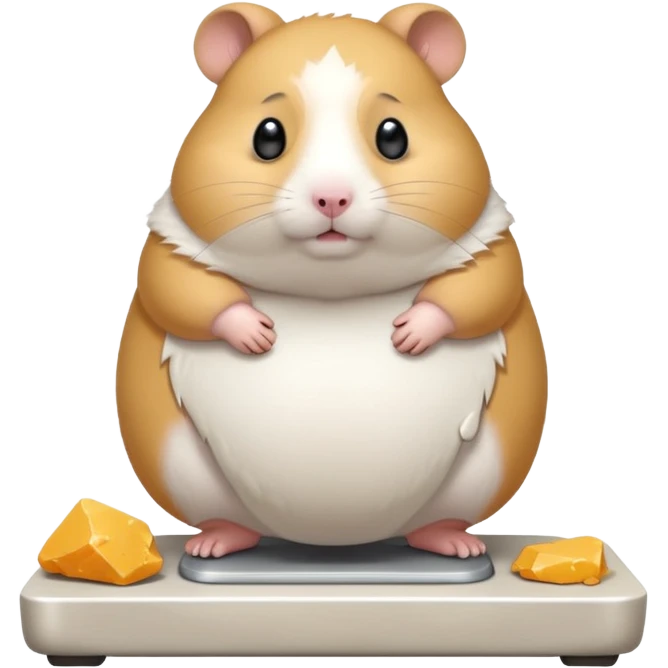 fat hamster big belly stepping on a broken scale looking guilty with a tear emoji