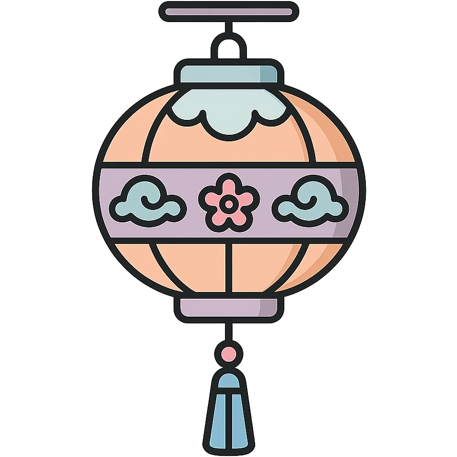 elegant Chinese lantern with tassel and decorative elements, detailed shadow, thin clean outlines, soft rounded shapes, pastel palette #98B5BC, #B5B3C1, #C9A3C9, #E4C0CA, #F7DCD1, #F7C0AA, modern Japanese pop-art and sticker aesthetic, high detail, vector clarity, soft lighting, transparent background emoji