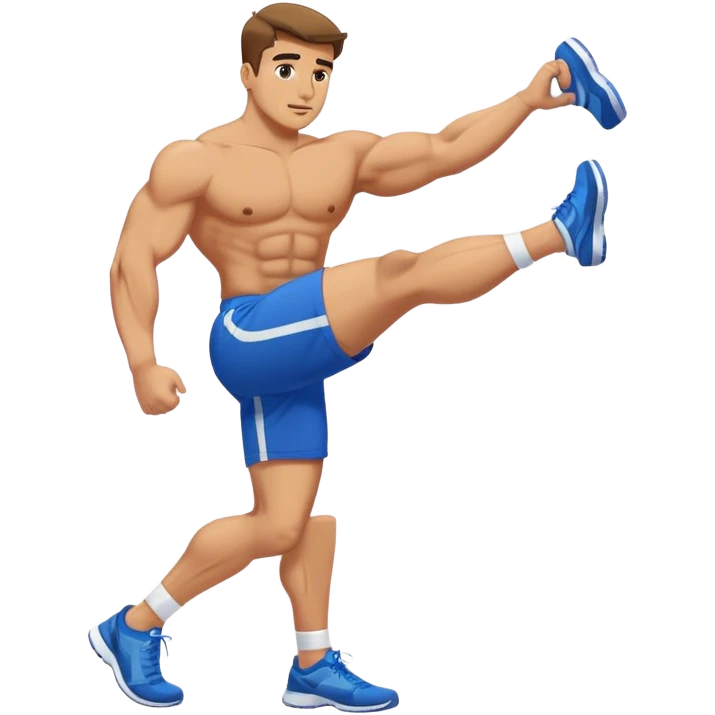 buff guy blue shorts stretching quadriceps emoji