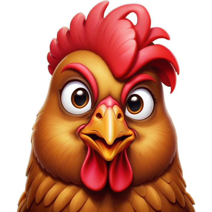 Cinematic Comical Brown Chicken Portrait Emoji, Head tilted dramatically with an exaggeratedly amused expression, featuring a striking, glossy brown plumage with a vibrant red comb, wide, expressive beady eyes filled with playful disbelief, Simplified yet hilariously expressive features, highly detailed, glowing with a slightly sassy glow, high shine, dramatic yet playful, stylized with an air of cheeky mischief, bright and endearing, soft glowing outline, capturing the essence of a spirited and over-the-top chicken, so meme-worthy it feels like it could cluck its way into internet fame instantly! emoji