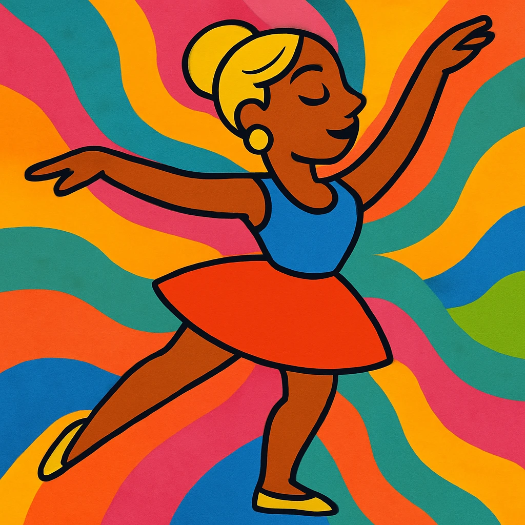 Add a vibrant, colorful background behind Dana Dawson in a dance pose, keep the original vibrant toon style emoji