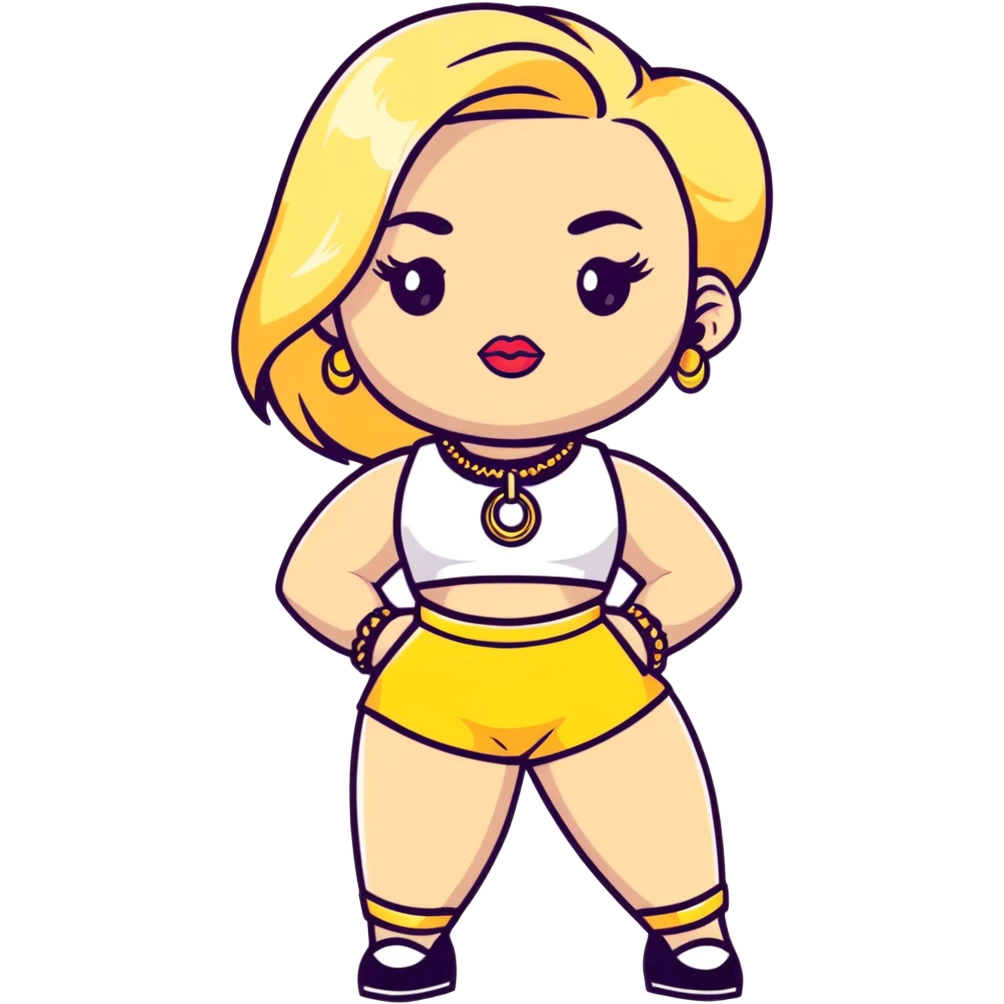 Full body white teenage girl with blonde hair, heavy makeup, big lips, crop top, gold jewelry and flashy choni style outfit emoji