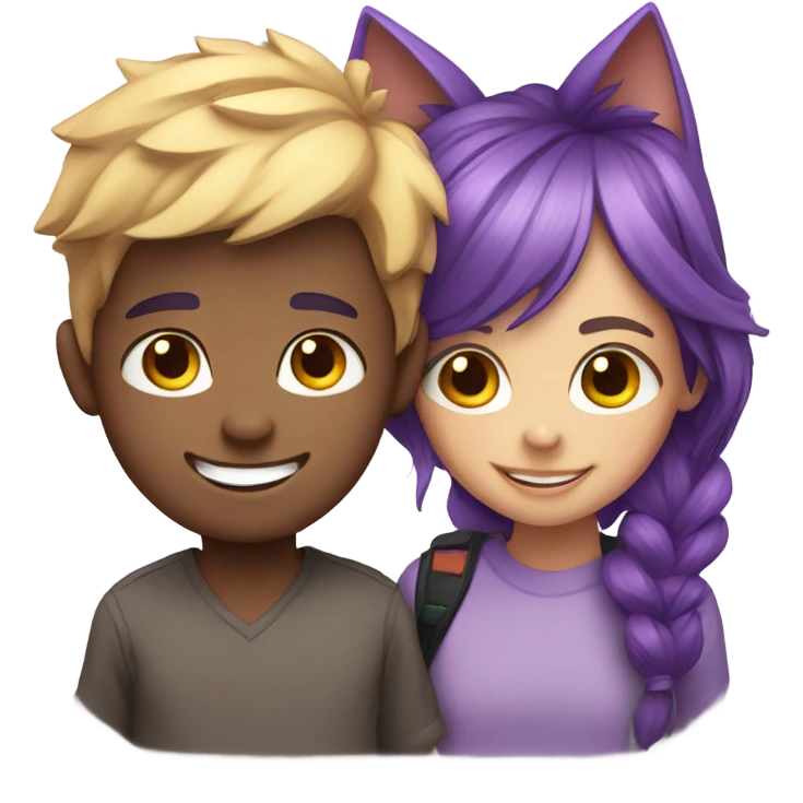 Smiling girl with purple hair and smiling boy with cat ears emoji