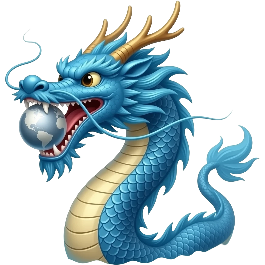 A blue Chinese serpentine dragon emerges from the sea and hovers above the surface, holding a silver planet in its teeth. emoji