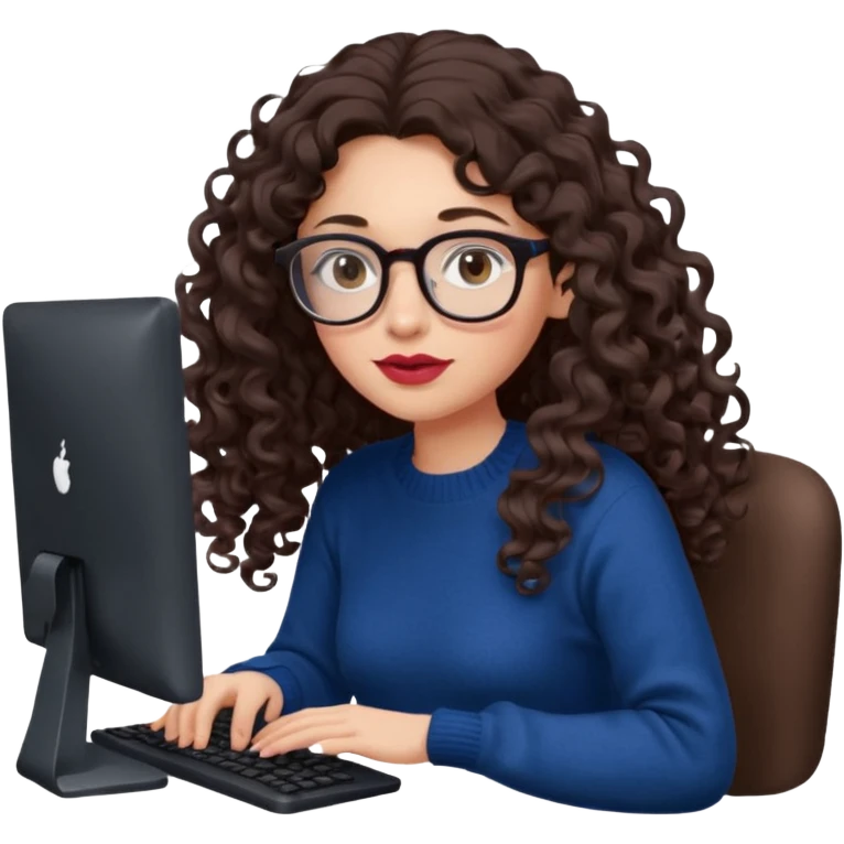 a european white young woman with very long wavy dark brown/chocolate hair with curls at the end of her long hair typing in a computer. she's using round glasses, her lips are light red and her cheeks slightly pink. Her eyes are dark brown. She's using a dark blue knit sweater  emoji