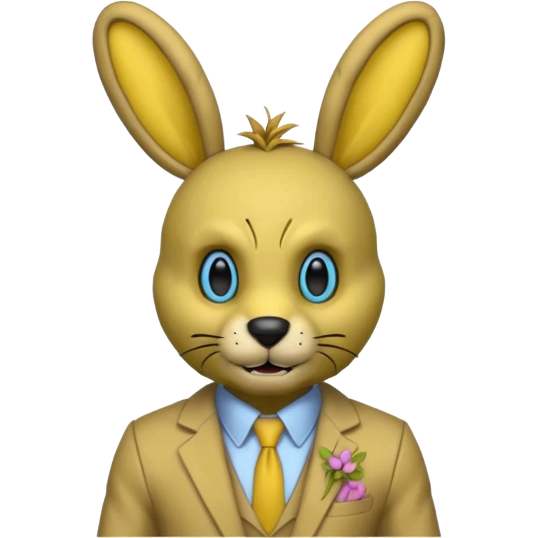 springtrap yellow damage hare suit with hare ears blue eyes with strands of 3C hair size of a small toothpick sttcking up emoji