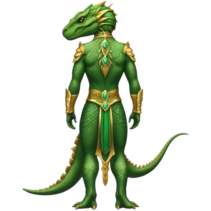 full body reptilian humanoid in ancient outfit, back view, ornate details emoji