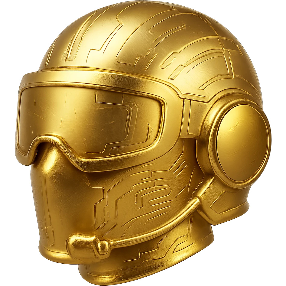 Make the golden pilot helmet more futuristic with a minimal but high-tech design, gold color with digital accents. No background. emoji