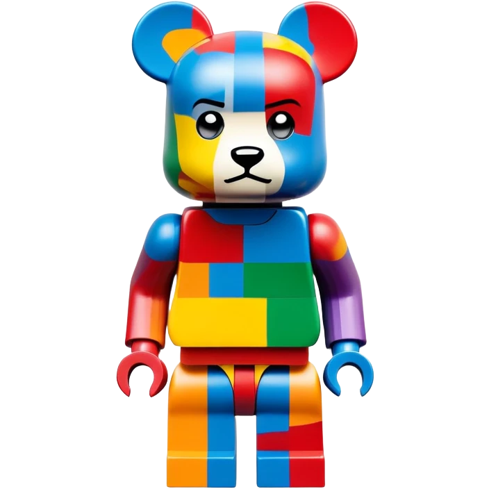 Lego bearbrick covered in colorful graffiti art, X symbols for eyes, blocky Lego aesthetic, spray paint style emoji