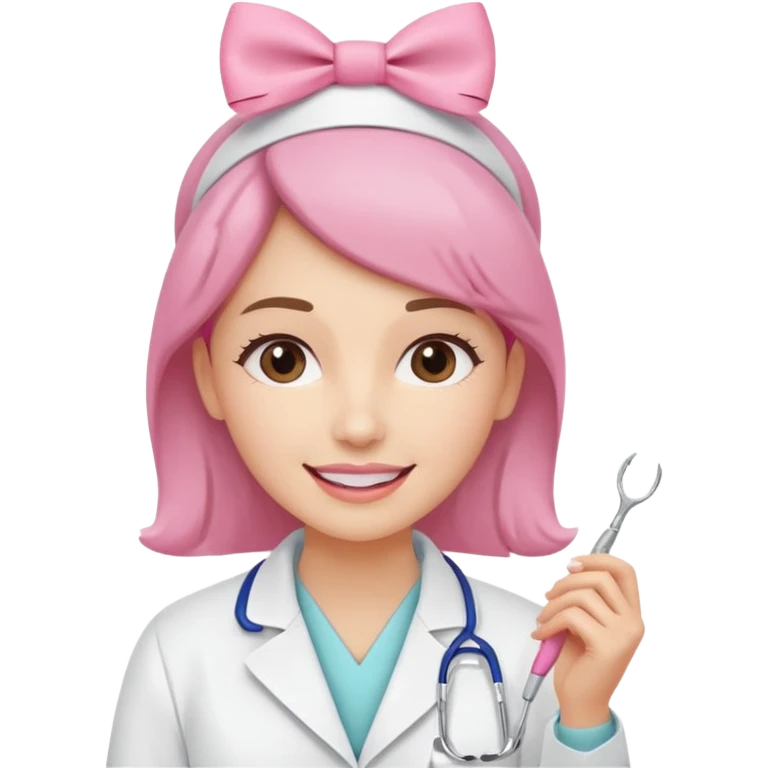 oji style illustration of a female dentist, friendly and smiling, wearing a white coat, with a small pink bow on her head, representing oral cancer awareness, caring and healing, soft colors, simple design, flat illustration, white background. emoji