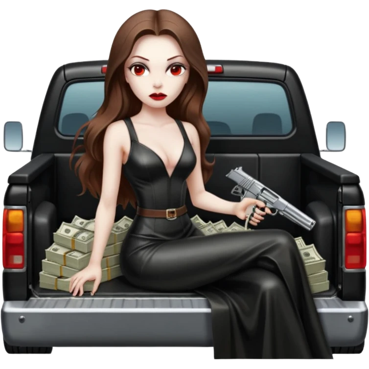 Lilith symbol red eye seductress evil long brown haired sexy succubus woman with leather long dress with slit on, sitting in Big Large F350 pickup truck. Back seat full of stacks of cash, she is  Holding a human skull of her enemies and a gun in other hand emoji