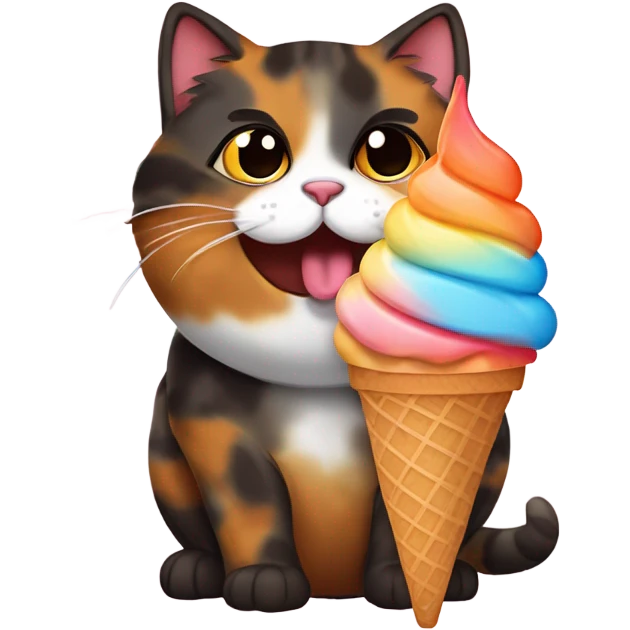 Cute fat tortoiseshell cat eating ice cream emoji