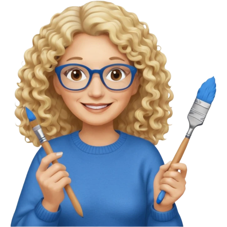 FEMME FRISÉ 60 ANS CHEVEUX BLON FRISÉ LONG SOURIANTE AVEC CHANDAIL BLEU,  YEUX BRUN ET UN PINCEAU À LA MAIN LA MAIN AVEC 5 DOIGT SEULEMENT ET LUNETTE emoji