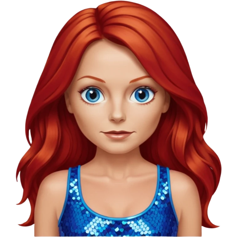 Geri Halliwell with long red hair, blue eyes, red sequin crop top emoji