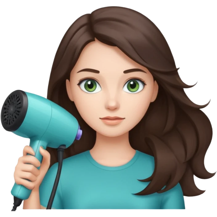 brunette bob girl hair stylist with blue green eyes holding a hair dryer emoji