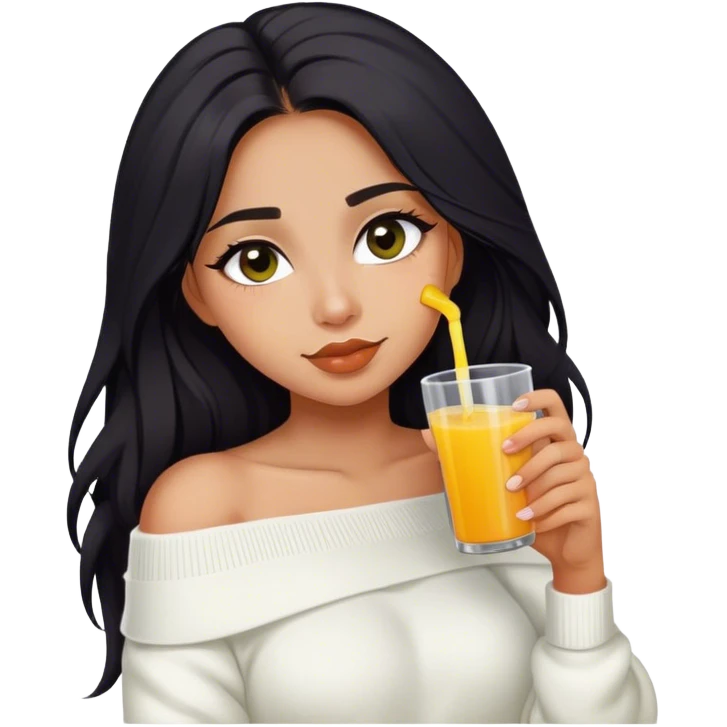 Latina girl with dark long hair and dark eyes and olive skin wearing white off shoulder sweater with juice emoji
