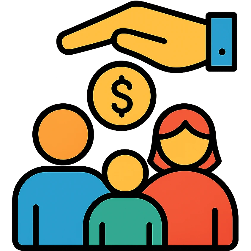Hand giving money to a family, financial support and contribution emoji