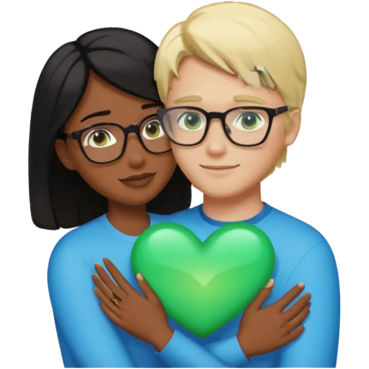 Un brazo abrazando un brazo abrazando un corazón un corazón azul emojidonde la mujer es de piel morena peli negra ojos cafes sin accesorios, y donde el hombre es piel blanca, pelo rubio, ojos verdes con lentes emoji