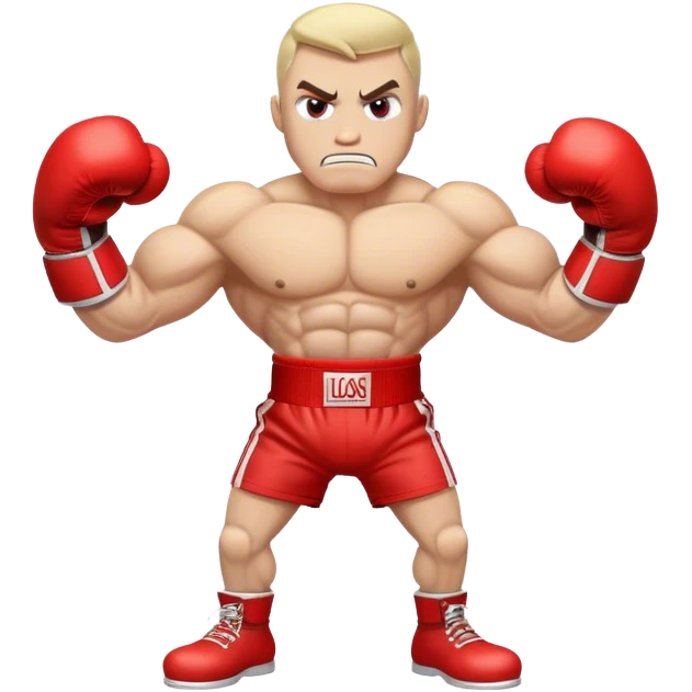 A cartoon-style train with muscular arms wearing red boxing gloves, aggressive fighting stance, determined expression. emoji