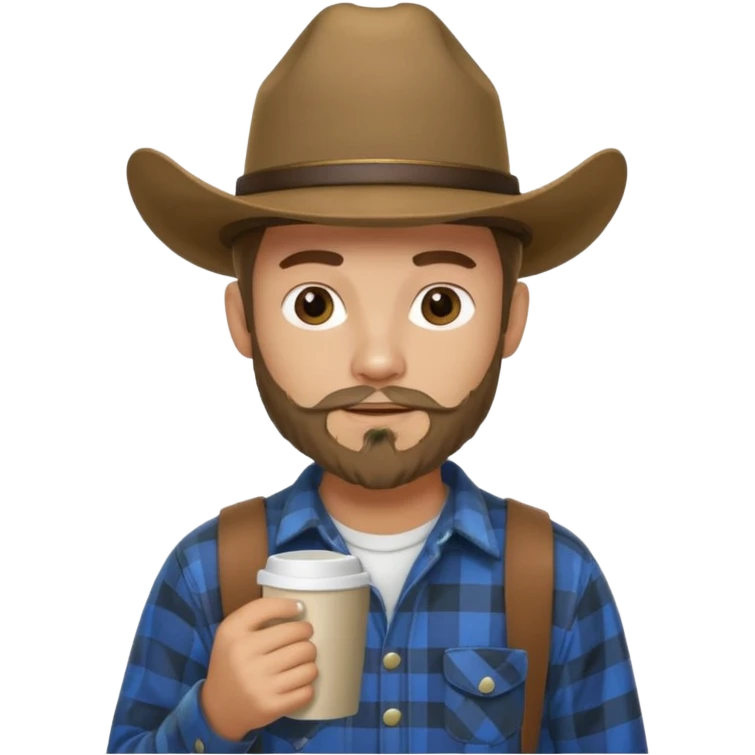 generate an ios genmoji of a 20 year old tan boy with a cowboy hat and mutton chop beard. Wearing a flannel and carrying a coffee mug emoji