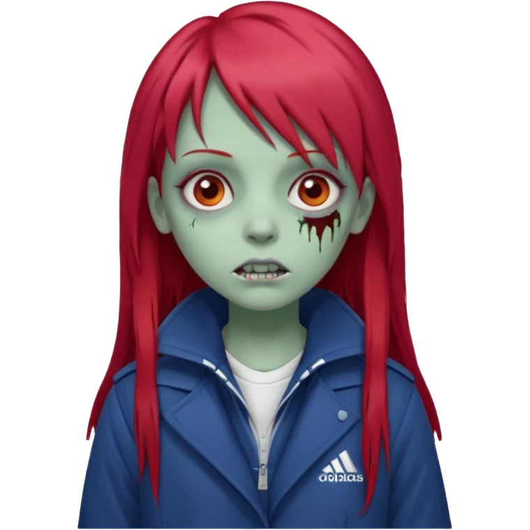 Crie um emoji de uma menina com bochecha gordinha com o cabelo vermelho longo com uma franja reta zumbi casaco de gola alta da adidas emoji