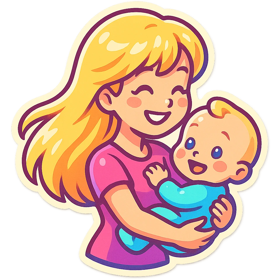 cute girl with long blonde hair holding a baby in her arms, smiling, side view, retro stickers style, thin clean outlines, soft rounded shapes, pastel palette, retro sticker aesthetic, detailed shadows and highlights, soft lighting emoji