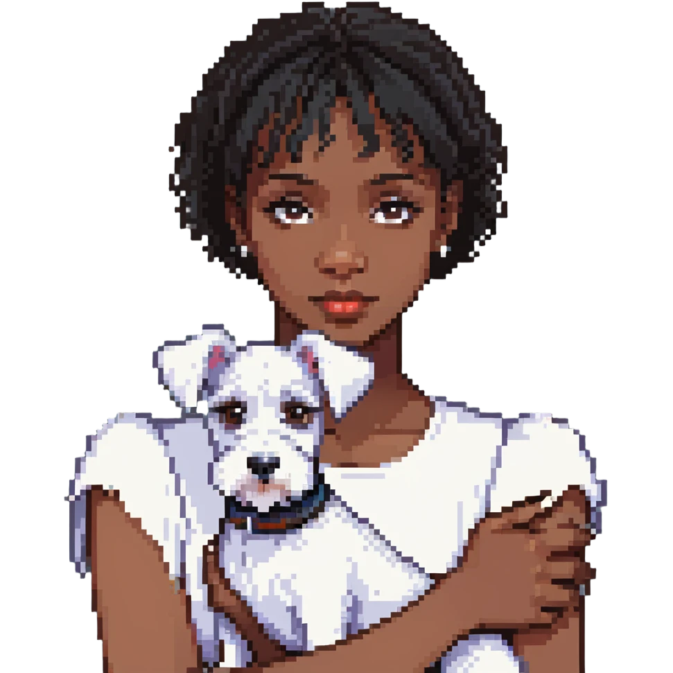 Black girl with short bangs holding a white schnauzer dog emoji