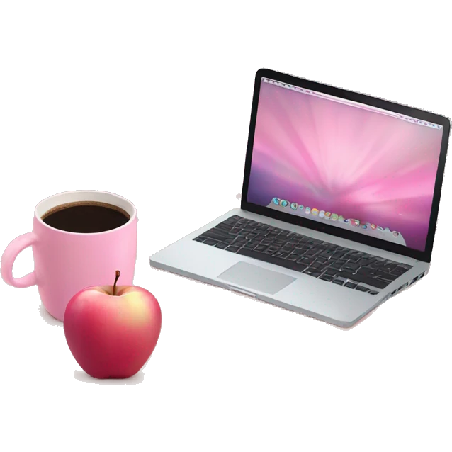 Pink apple computer with coffee and a pink notebook on top of the computer  emoji