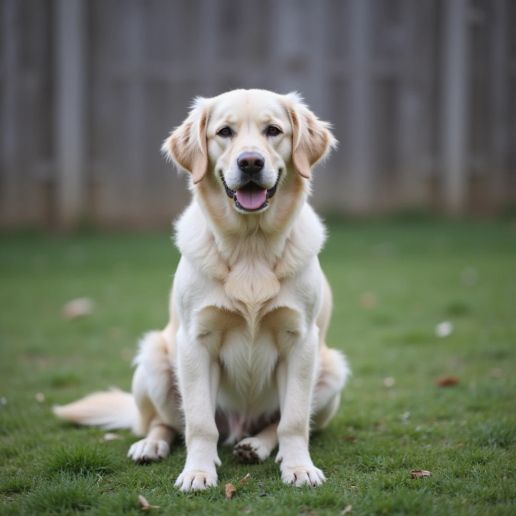 adult english cream golden retriever sitting on grass, facing camera, fence in the background emoji